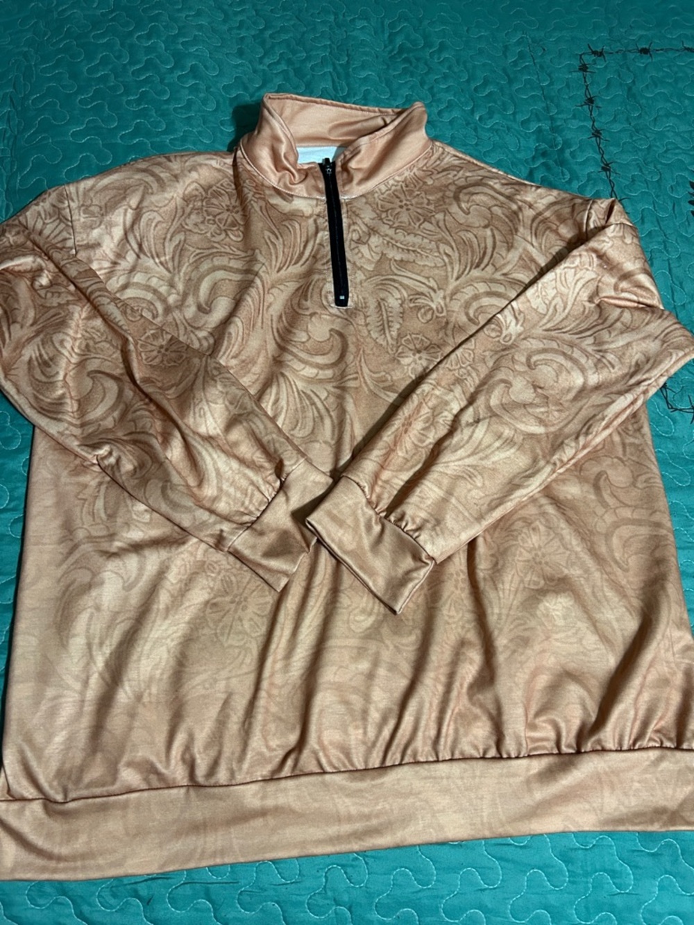 Metallic Peach-Print Quarter-Zip Pullover Blouse